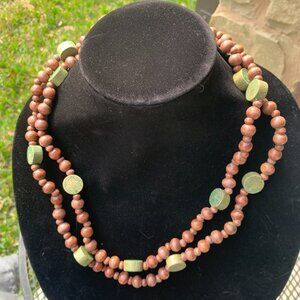 JEWELRY - 24in slip over handcrafted wooden beaded necklace green & brown beads